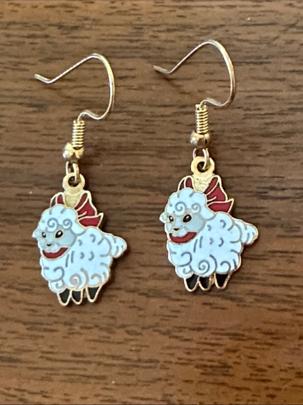 Vintage 70s Aviva‎ White Enamel Lamb Dangle Earrings with Red Bow Accents